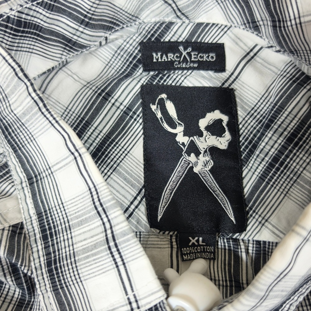 Y2K Ecko Cut & Sew Mens XL Plaid Button Up Shirt Long Sleeve White Black Gray - Picture 3 of 5